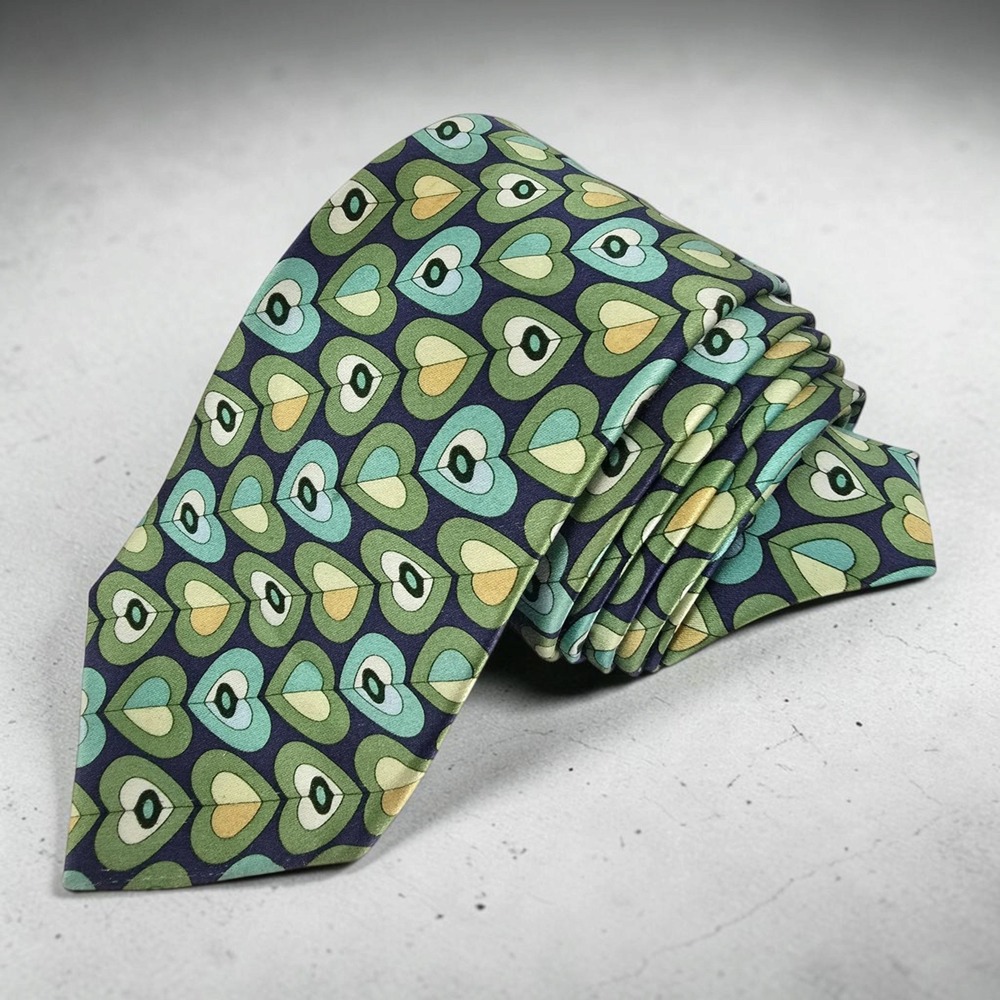 Ted Baker London Mens Silk Tie Green Blue Geometric Heart Pattern 59x3.5 Classic